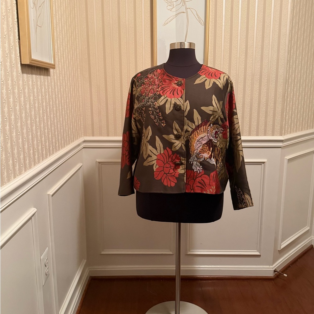 Floral & Tiger Print Blazer - Olive Green & Red